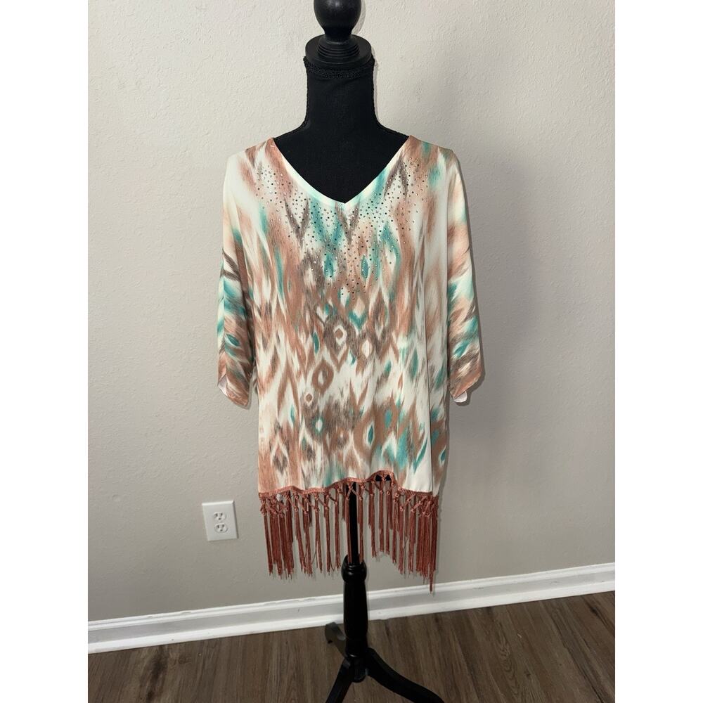 REBA McEntire Boho Ikat Fringe Tunic Blouse Small Rhinestone Embellished Western
